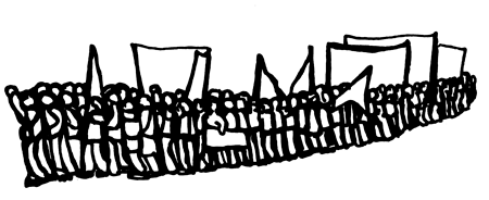 Drawing of marching crowd